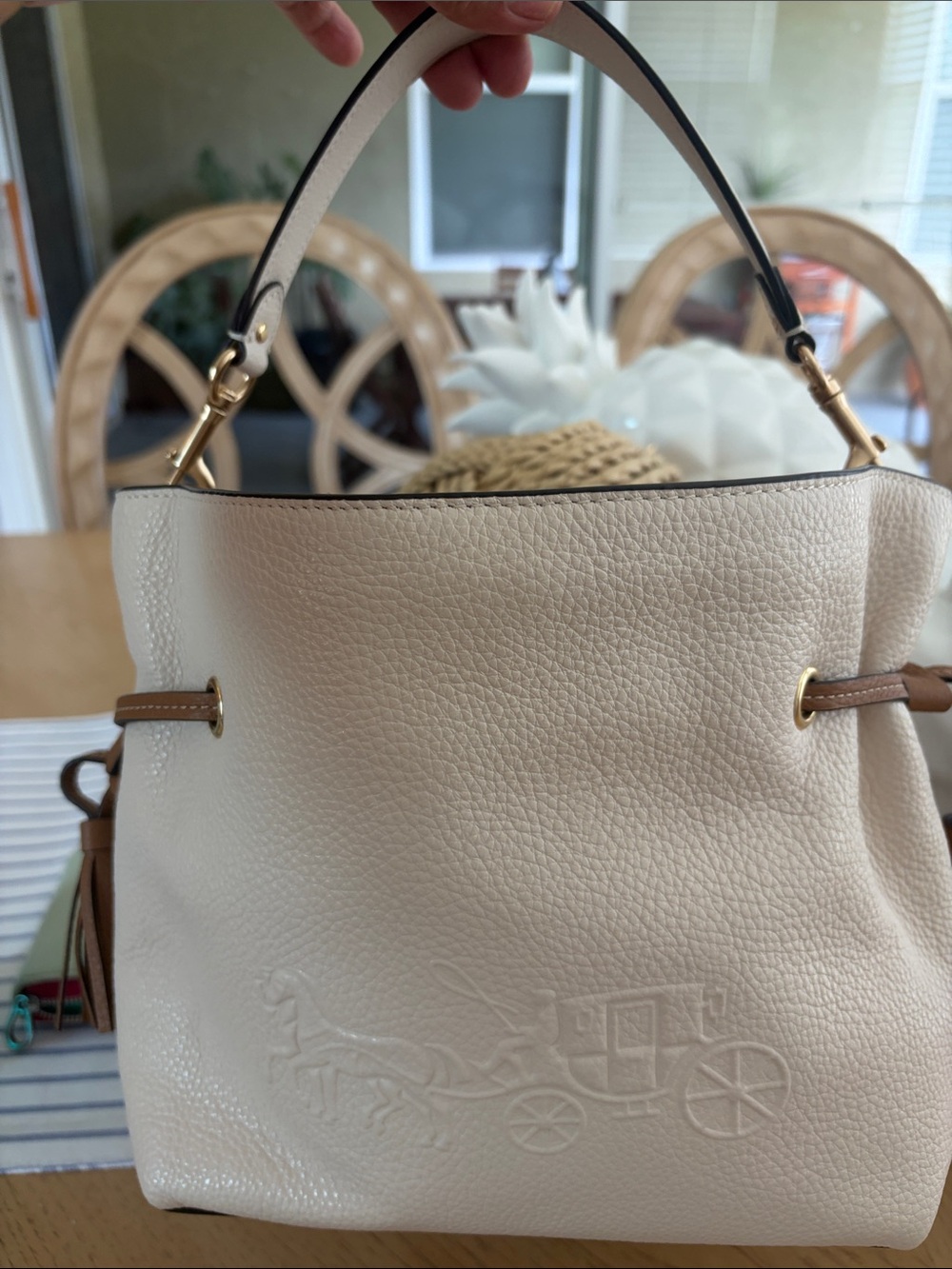 Coach Cream Leather Shoulder Bag with Embossed Carriage